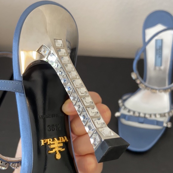 NIB Prada Satin Blue Ribbon Jeweled Gem Embellished Heeled Sandals - Picture 13 of 17